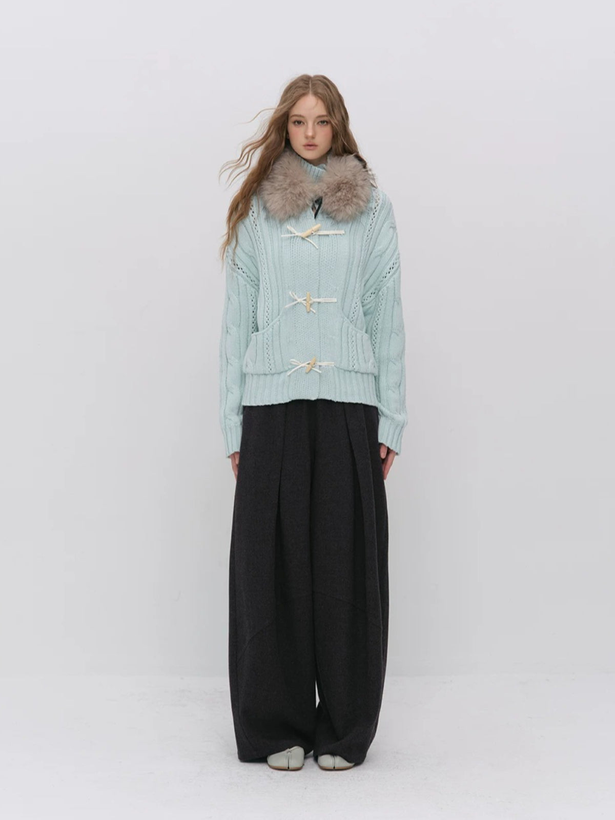 Chunky Cable Knit Bow Cardigan