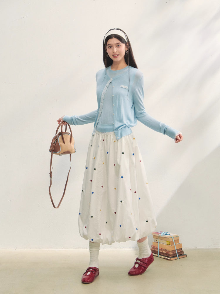 Lace Trimmed Crew Neck Knitted Cardigan Set