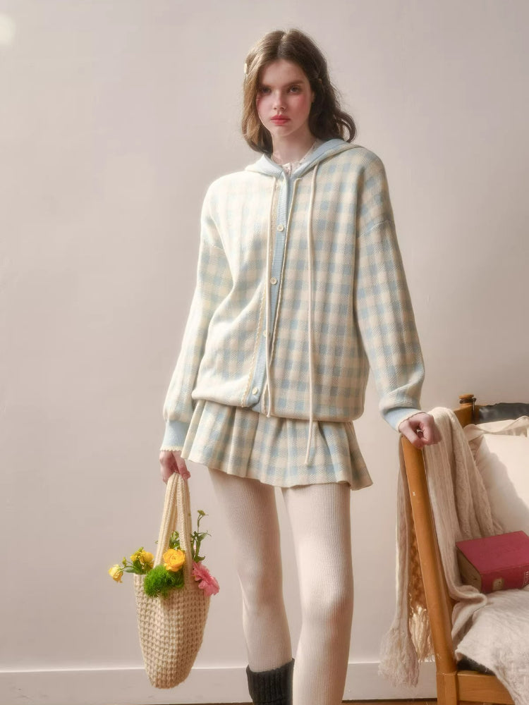 Contrast Gingham Knit Cardigan &amp; Skirt Set