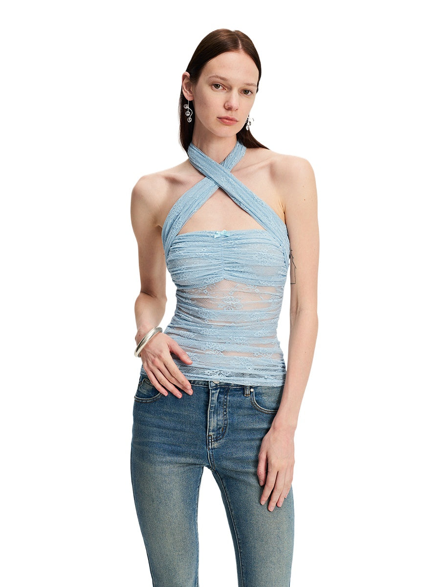 Lace Bow Cross Halter Camisole