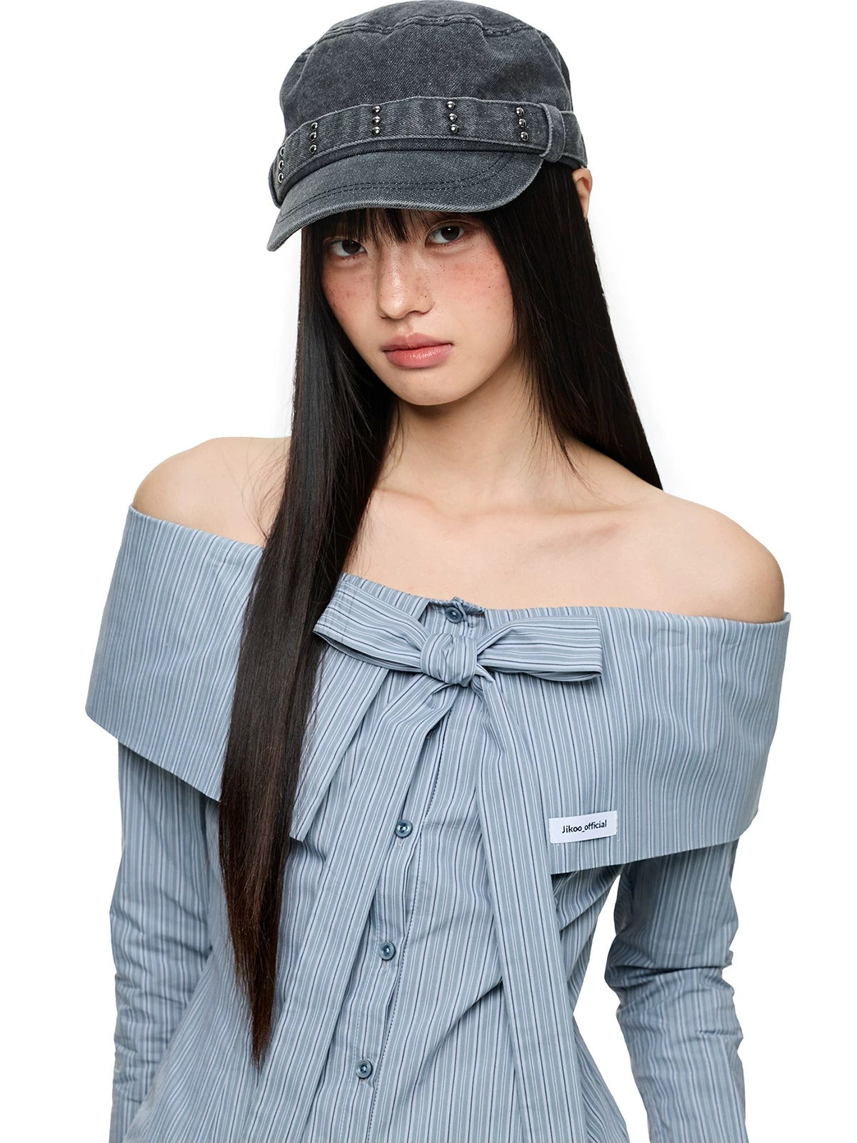 Off Shoulder Bow Tie Stripe Blouse