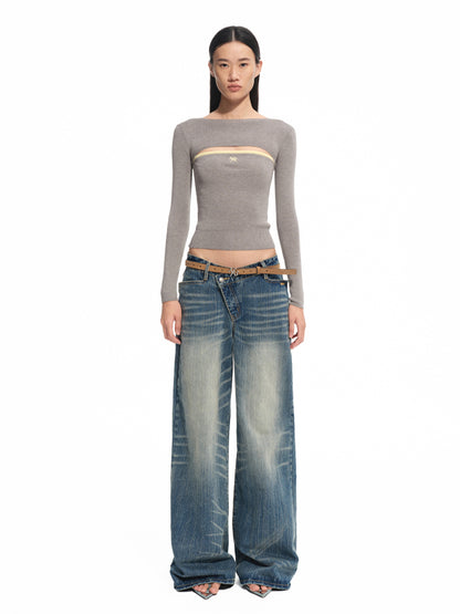 Wool Real Two-piece Layered Waist-cinching Top