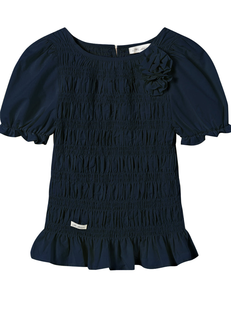 Three-Dimensional Flower Pleated Short-Sleeve Blouse