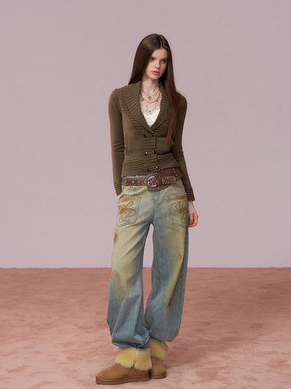 Washed Distressed Embroidered Denim Jeans