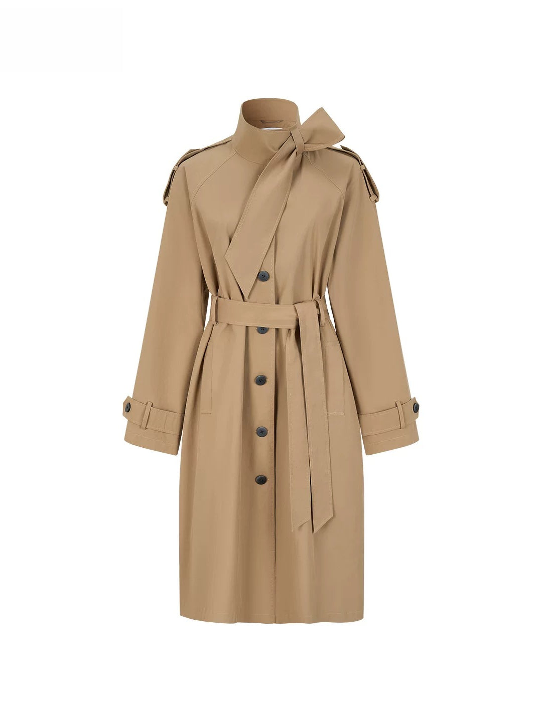Khaki Stand Collar Belted Trench Coat