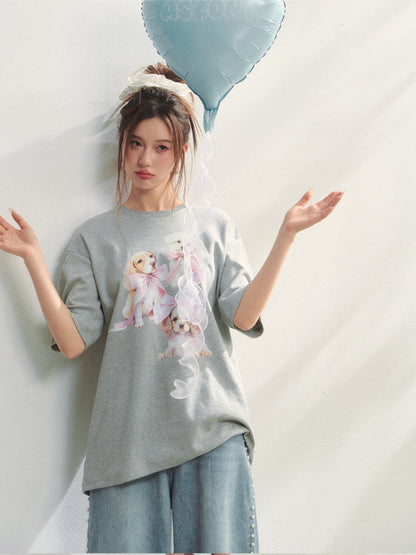 Bowknot Puppy Print Short-Sleeve T-Shirt
