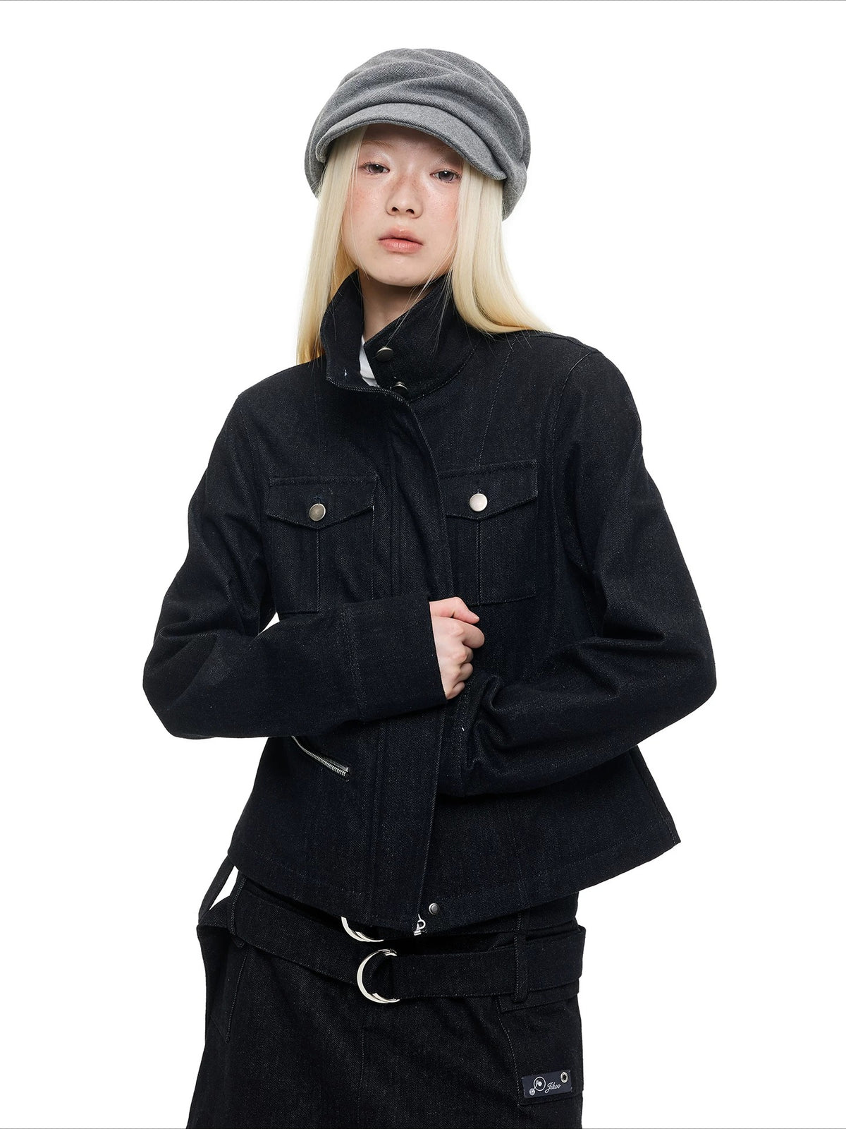 Stand Collar Denim Jacket &amp; Skirt Set