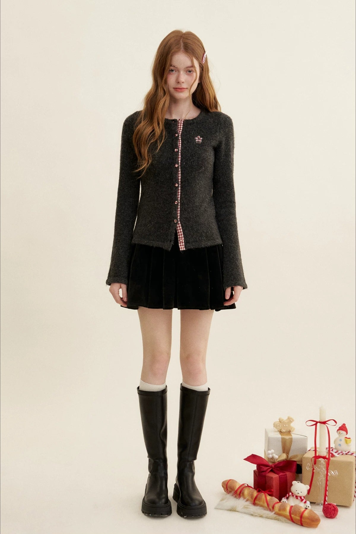 Gray Plaid Trim Cardigan