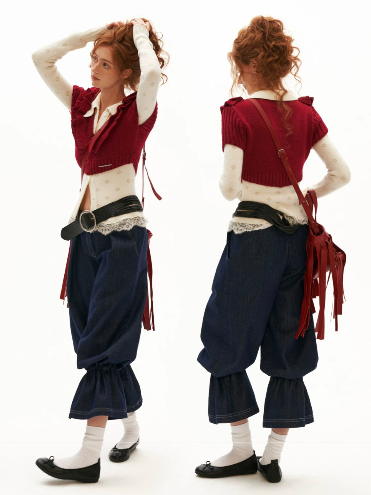 Soft Ruffle Trim V-Neck Cropped Knit Top