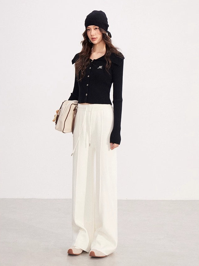 Fleece-lined Knit Elastic Waist Wide-leg Pants