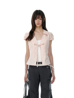 Tie Waist Puff Sleeve Short Blouse