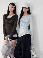 Blue & Gray Printed Draped Long-Sleeve T-shirt