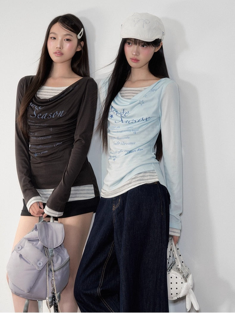 Blue &amp; Gray Printed Draped Long-Sleeve T-shirt