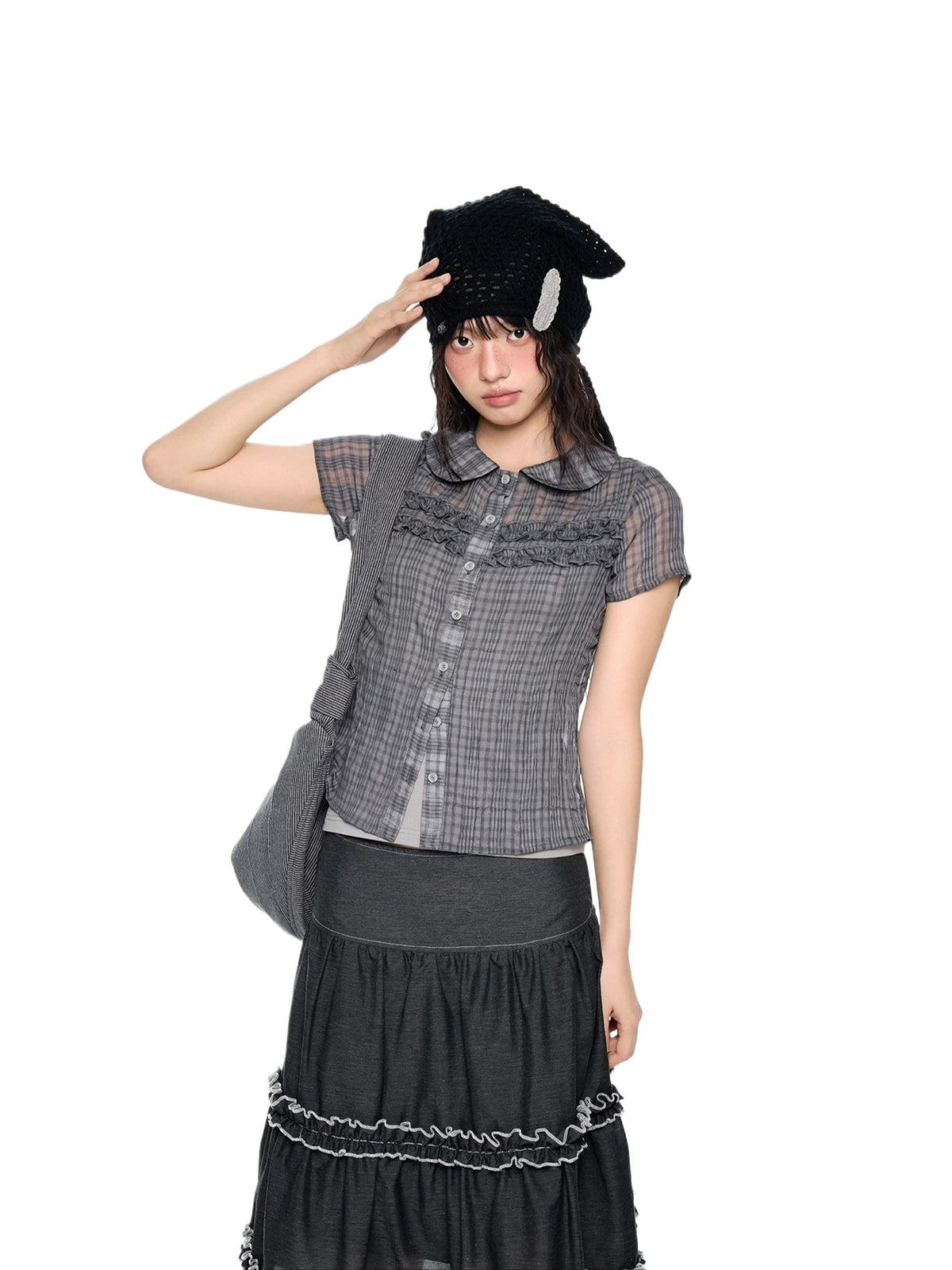 Pleated Plaid Collar Top