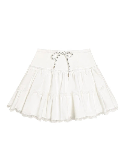 High-waisted Drawstring Lace-spliced Tiered Skirt