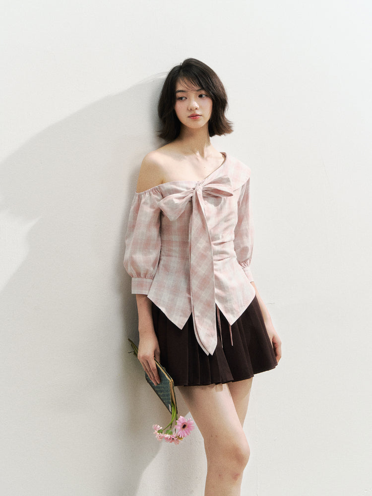 Checkered Bow One-Shoulder Asymmetric Waist-Cinching Shirt