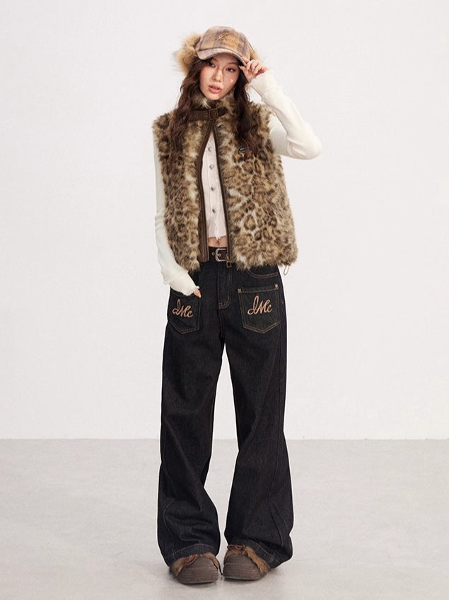 Leopard Print Spliced Faux Fur Vest