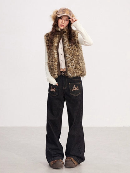 Leopard Print Spliced Faux Fur Vest