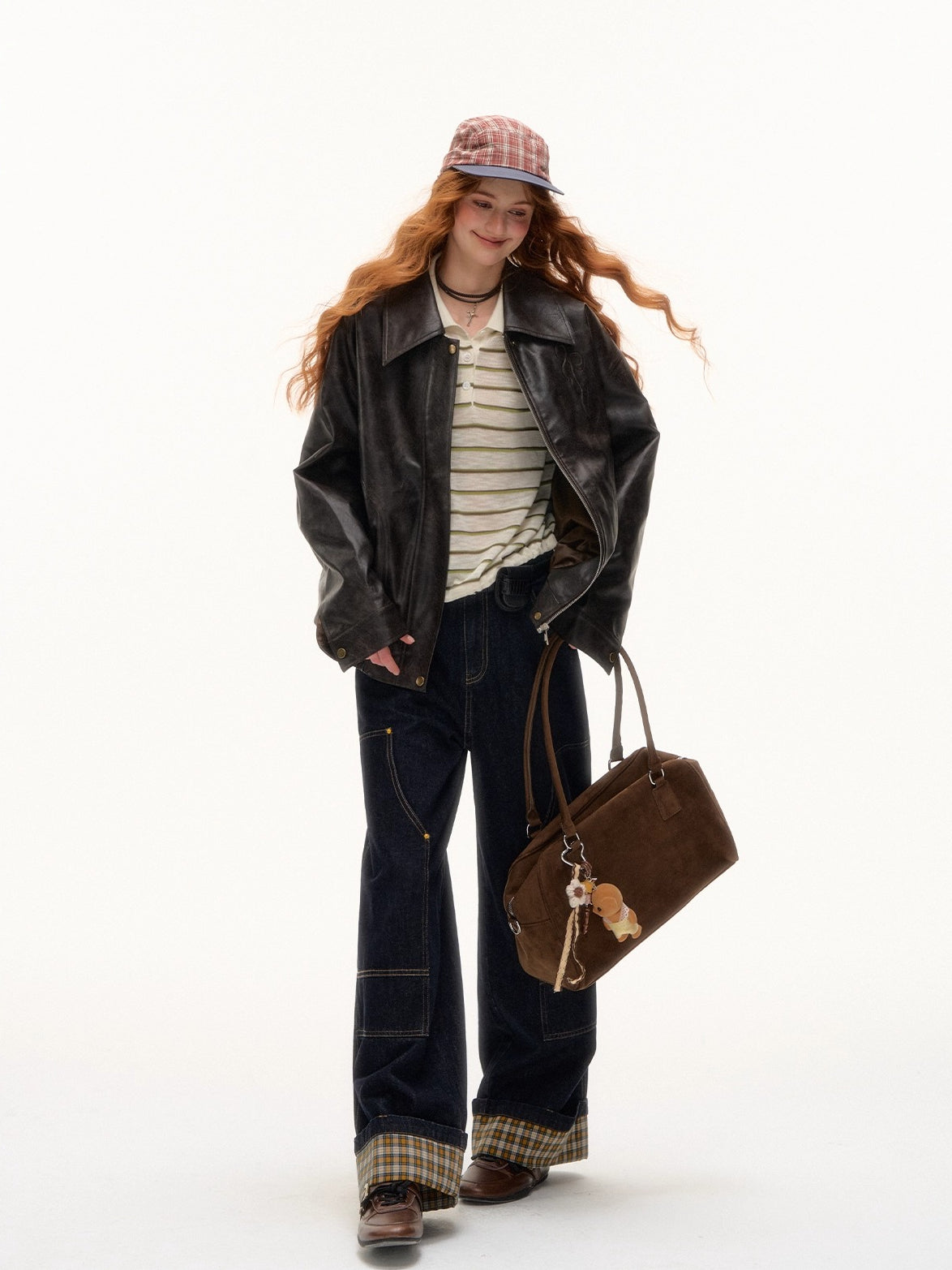 Yellow &amp; Red Plaid Hem Denim Pants