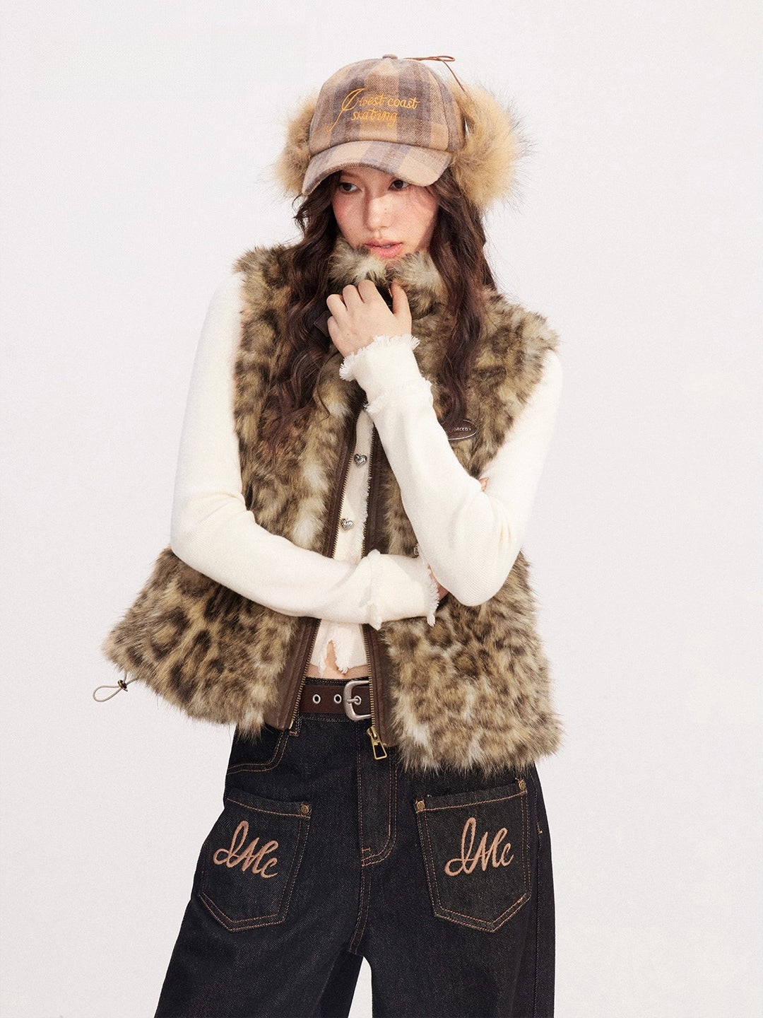 Leopard Print Spliced Faux Fur Vest