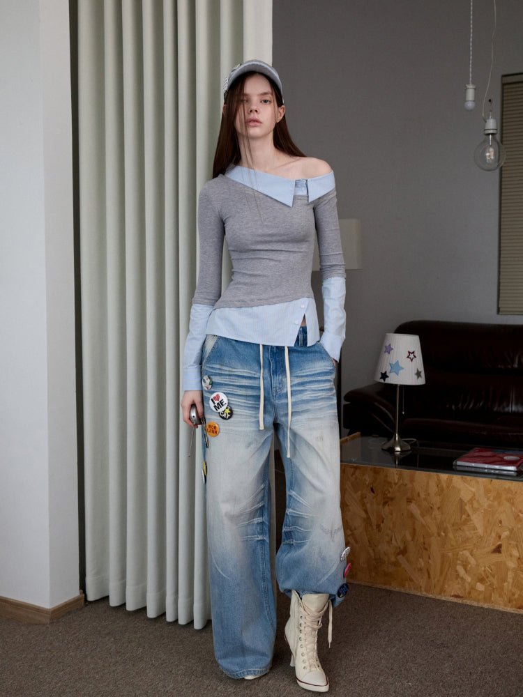 Asymmetric Collar Fake Two-Piece Fitted Blouse