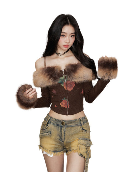 Faux Fur Gradient Knit Sweater with Fur Collar &amp; Skirt Set