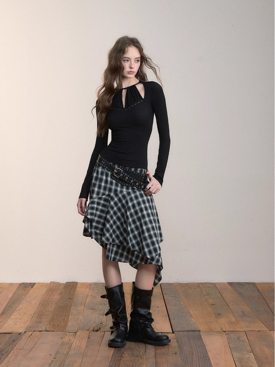 Rivet Cutout Halter Long-sleeve T-shirt