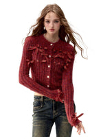 Bowknot Knit Cardigan & Hat & Scarf Set