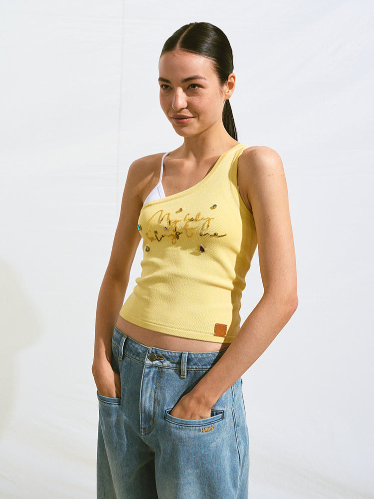 Off-Shoulder Handmade Color Rhinestone Knitted Cami