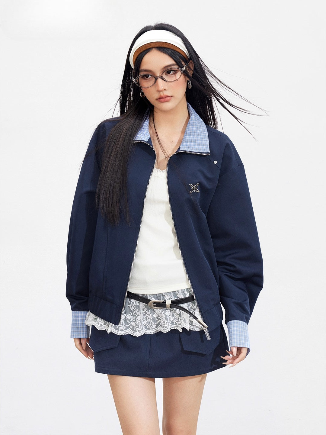 Navy Blue Plaid Patchwork Jacket