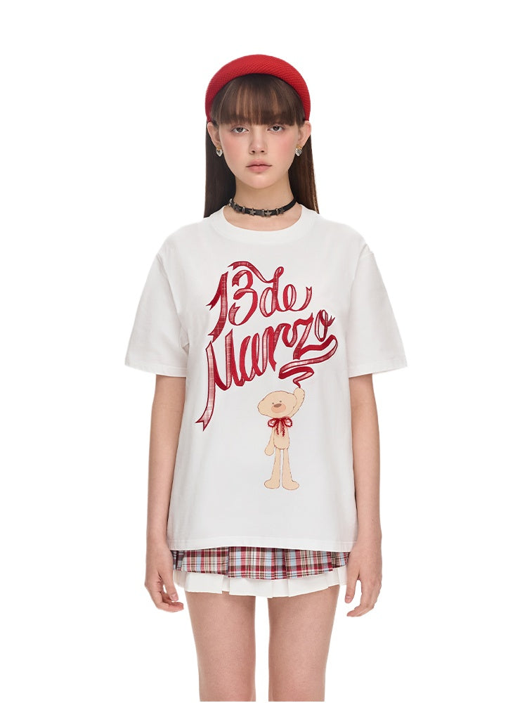 Checkered Ribbon Logo Cotton Short-sleeve T-shirt