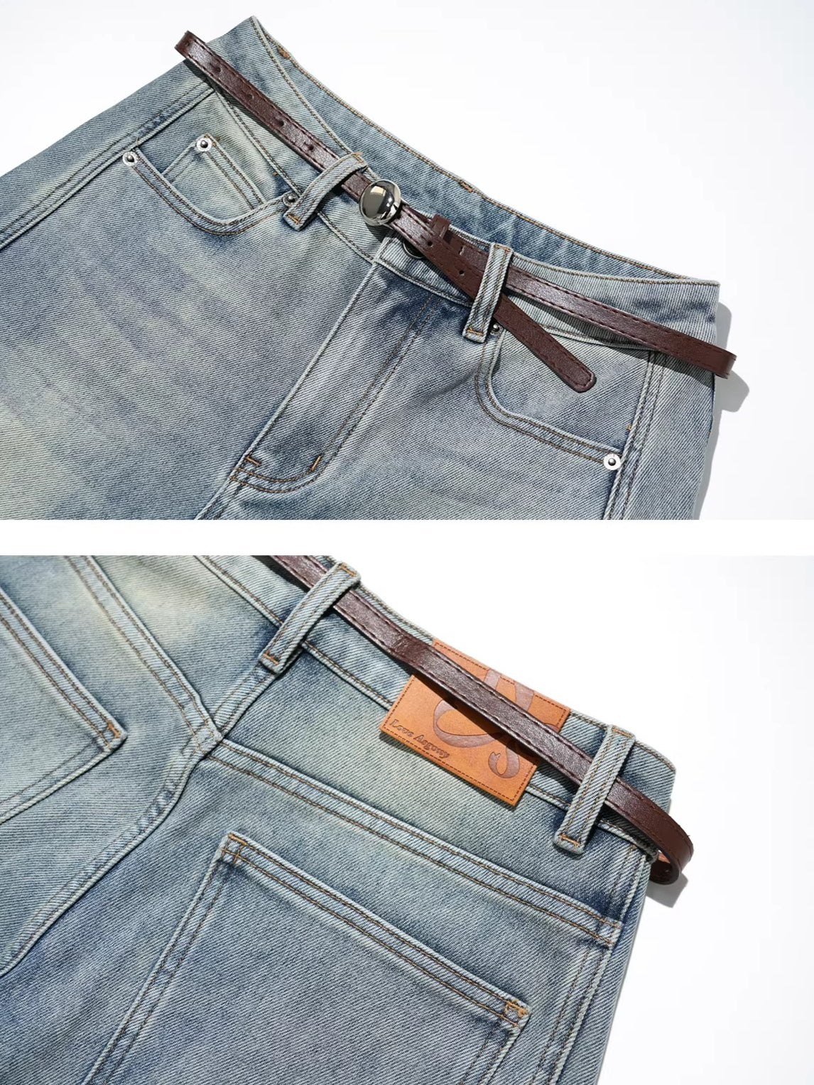 Washed Denim Curved-Cut Pants