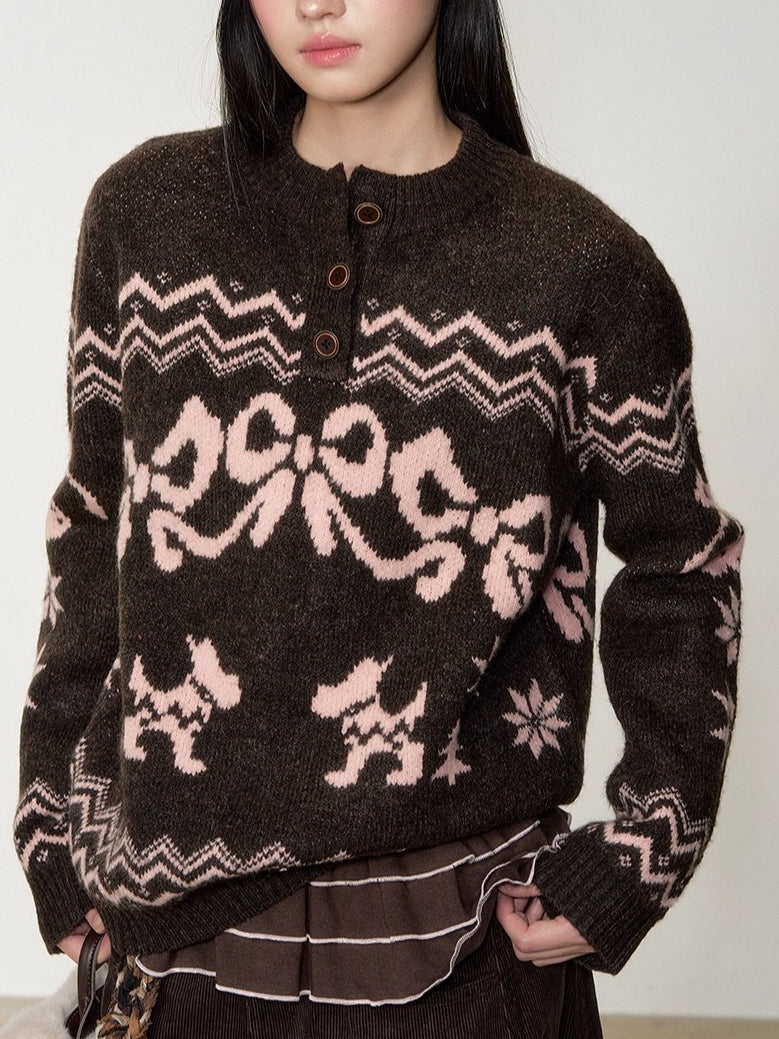 Fair Isle Bow Henry-Collar Sweater