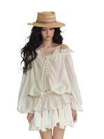 Off-Shoulder Tie Lantern Sleeve Shirt