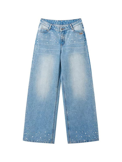 Low-Rise Wide-Leg Rhinestone Denim Pants