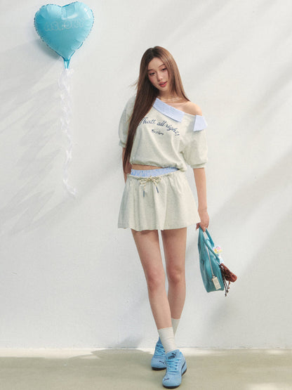 Grey Asymmetric Shoulder Striped Patchwork Short-Sleeve &amp; Skirt Set