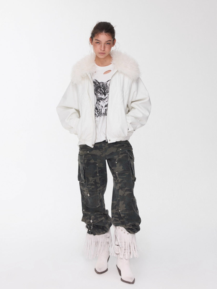 Embroidered Faux Fur Collar Leather Jacket