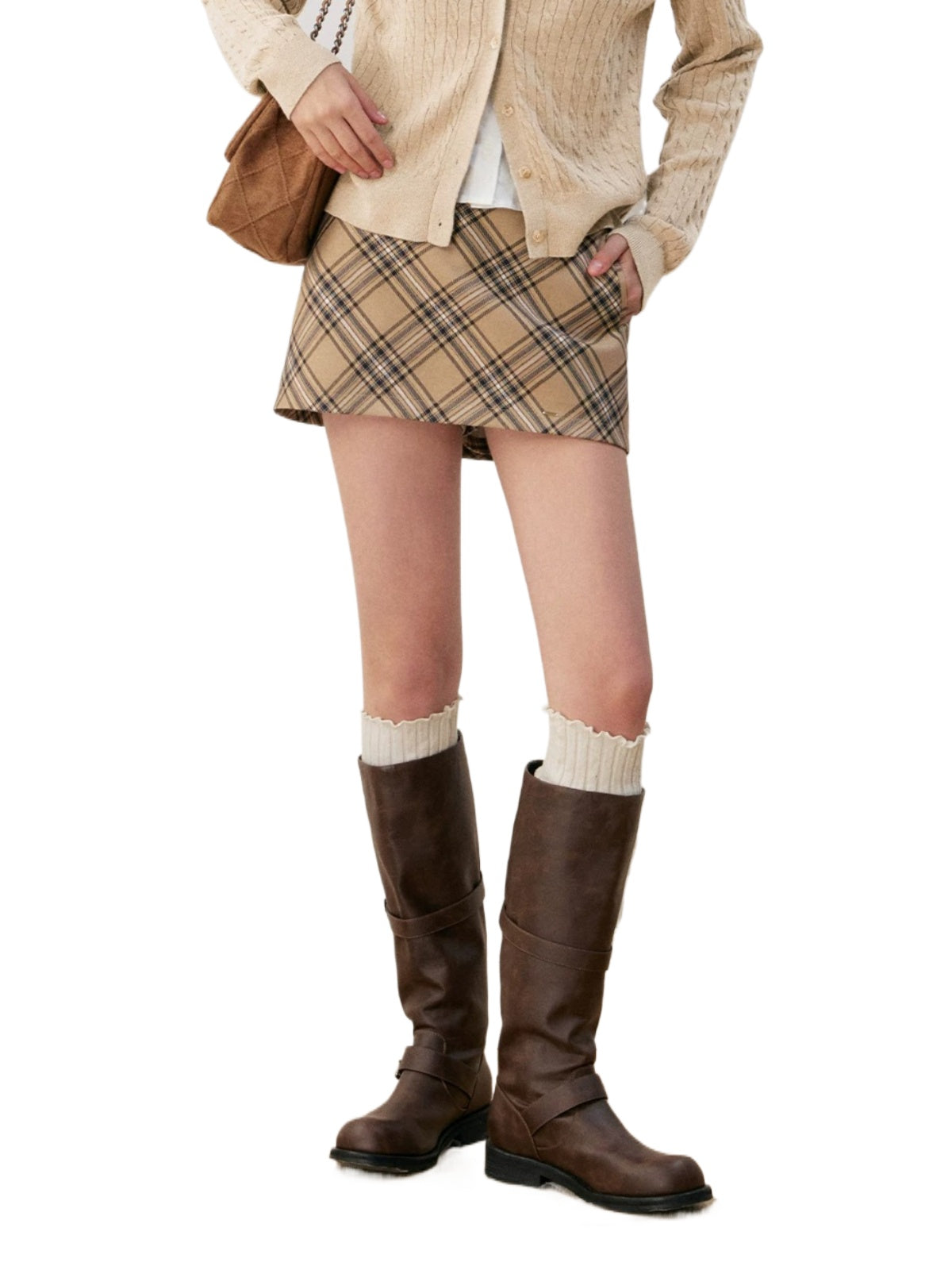 Oat Cookie Plaid A Line Mini Skirt