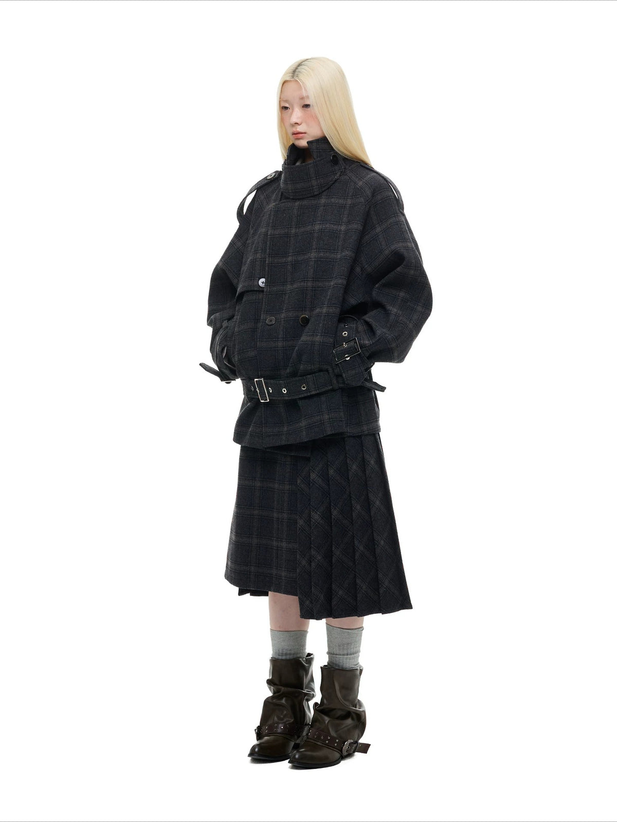 Vintage Black Plaid Wool Blend Jacket Set