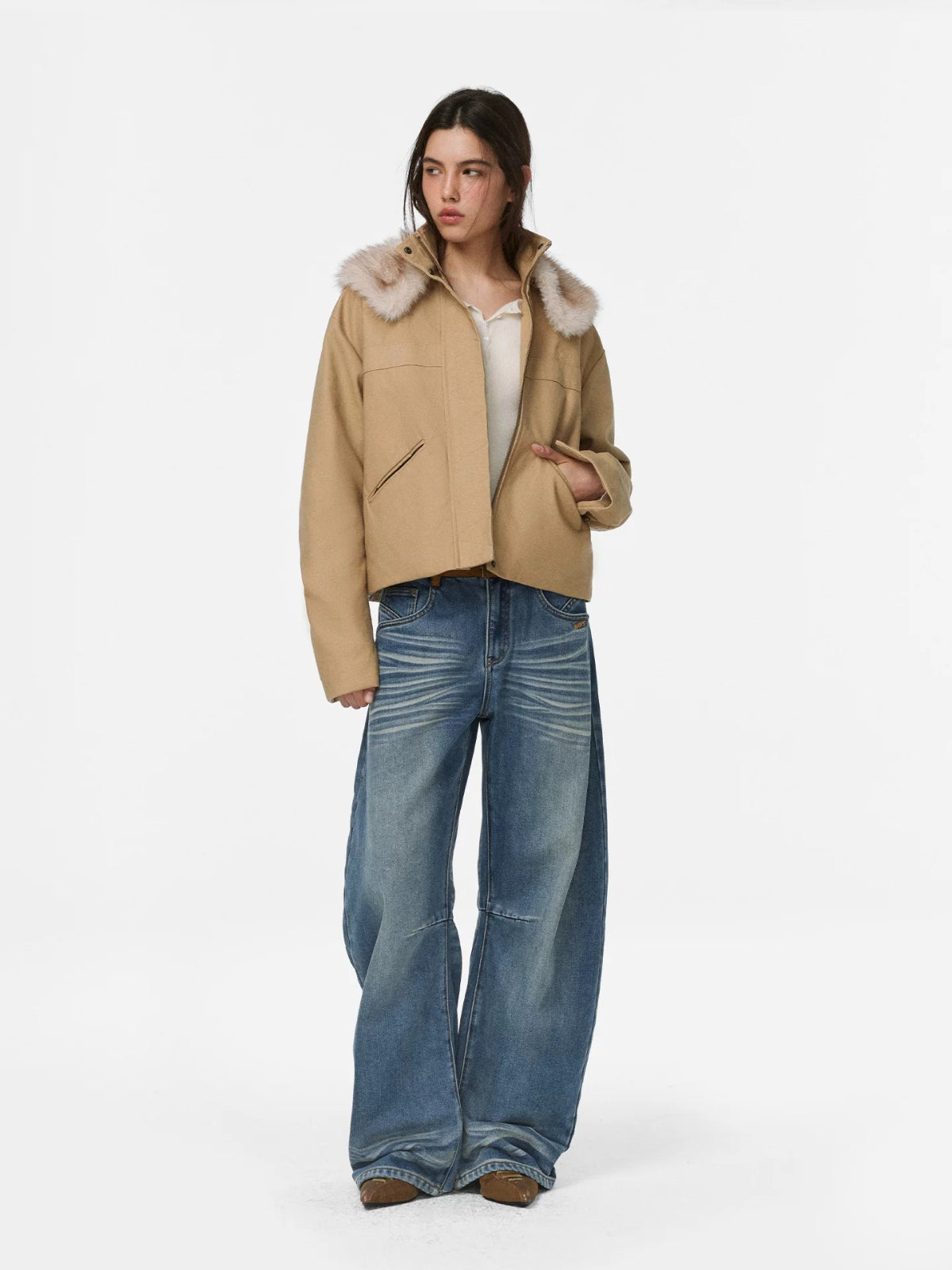 Faux Suede Waistband Barrel Jeans