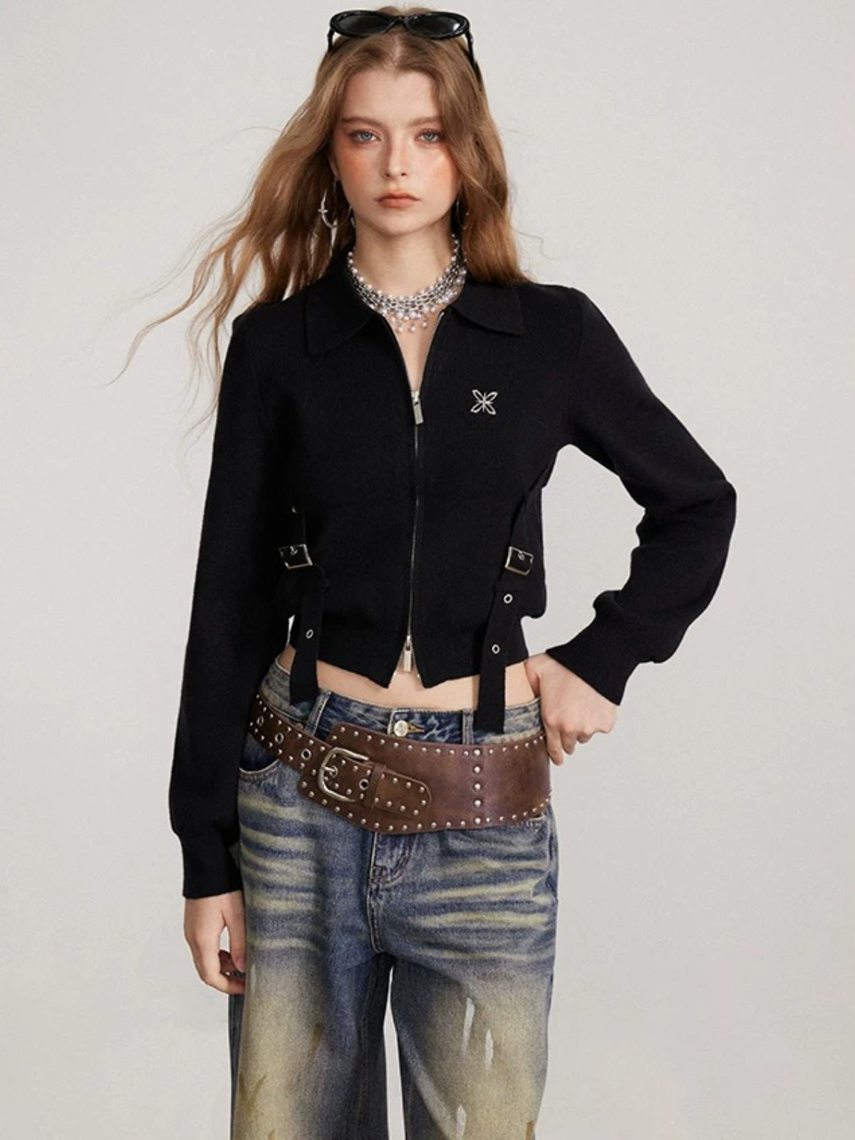 Ribbon Zip Collar Knit Cardigan