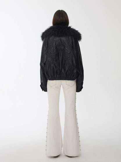 Studded Flared Denim Whisker Detailing Jeans