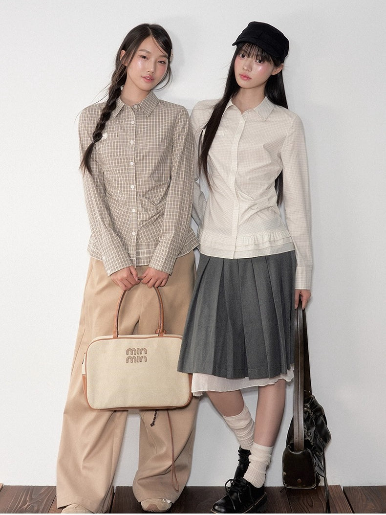 Khaki &amp; White Vintage Plaid Blouse