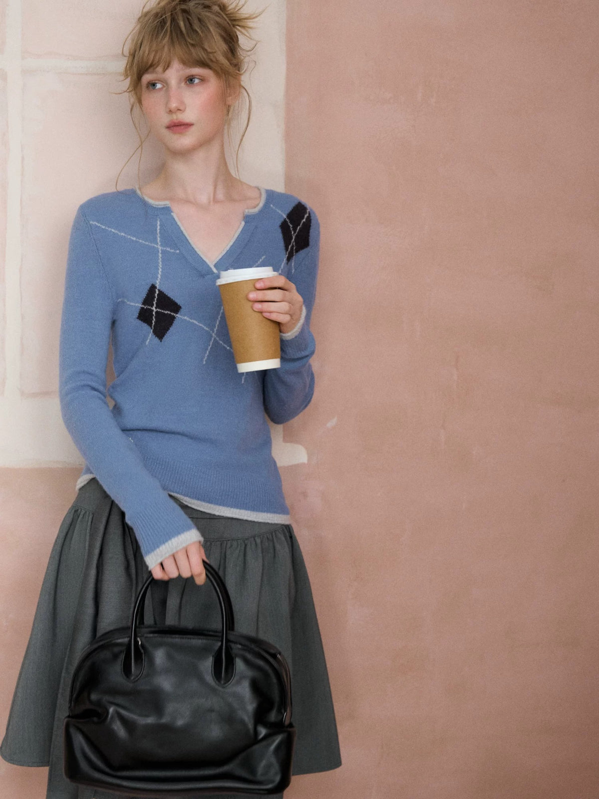 Diamond V-Neck Knit Sweater