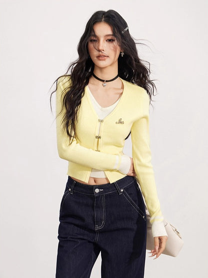 V-Neck Fake Two-piece Knit Top