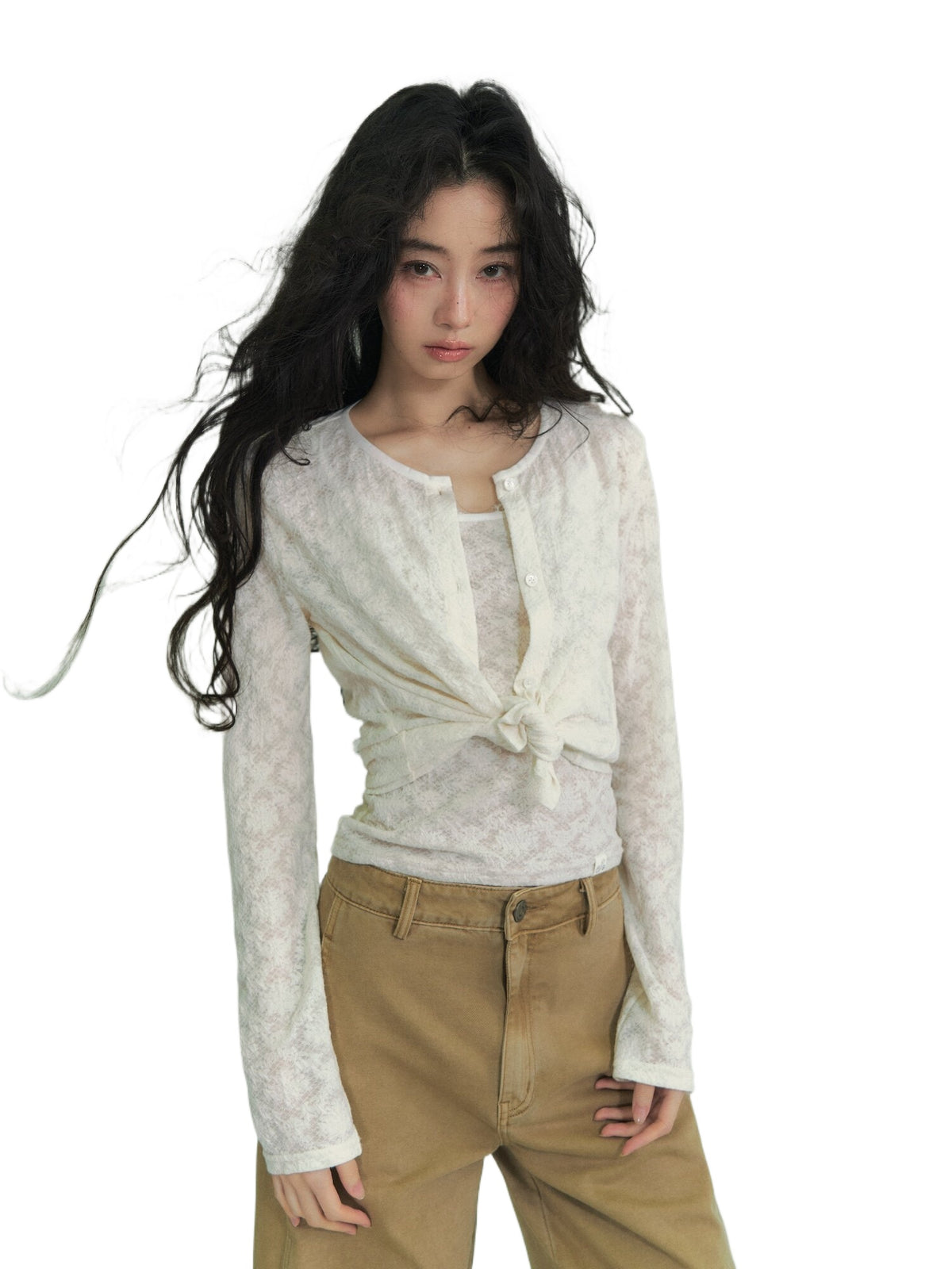 Lace Trim Stripe Cardigan Set