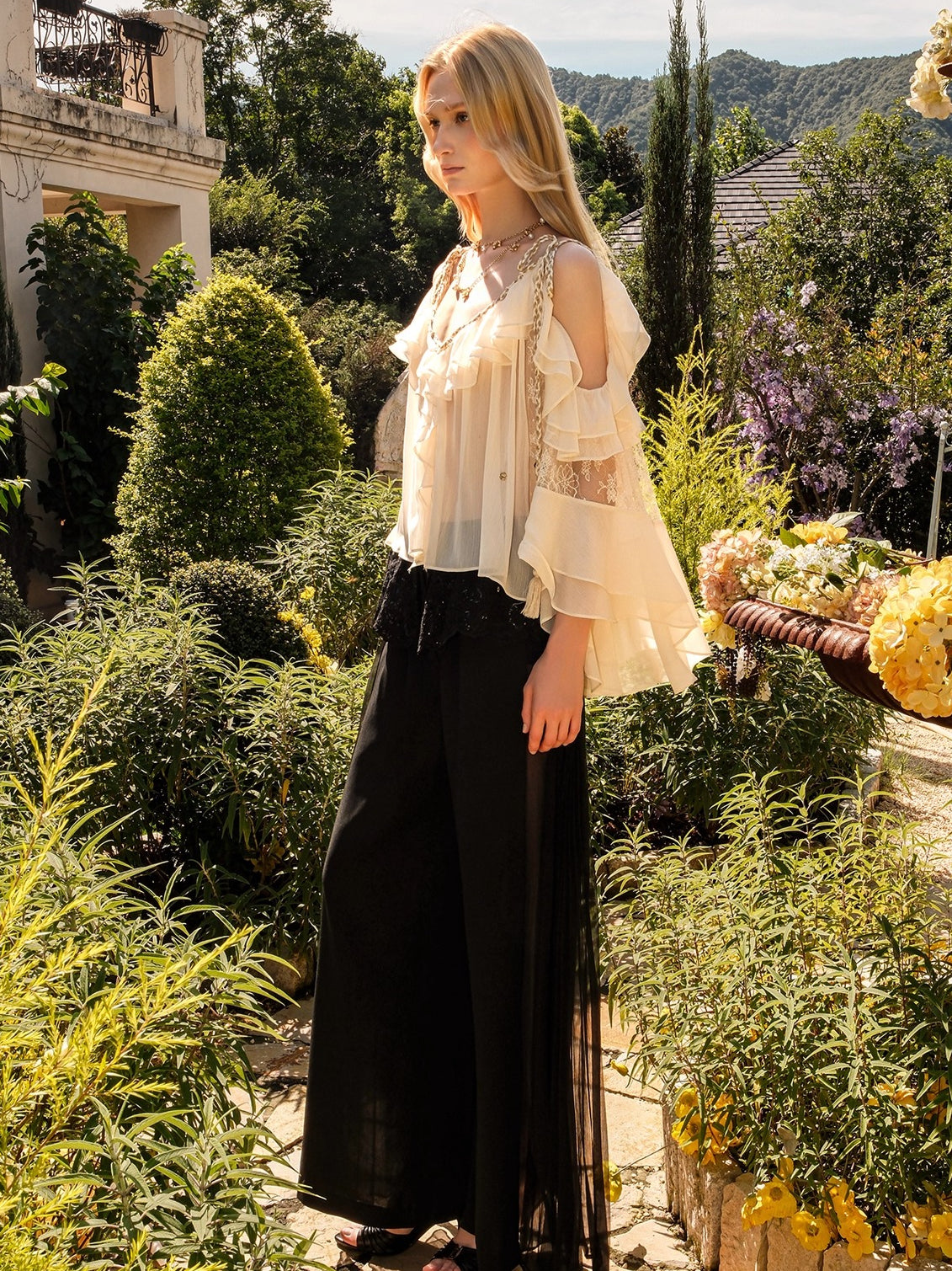 Flowy Chiffon Ruffle V-neck Shirt