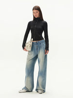 Denim Pleated Wide Leg Pants