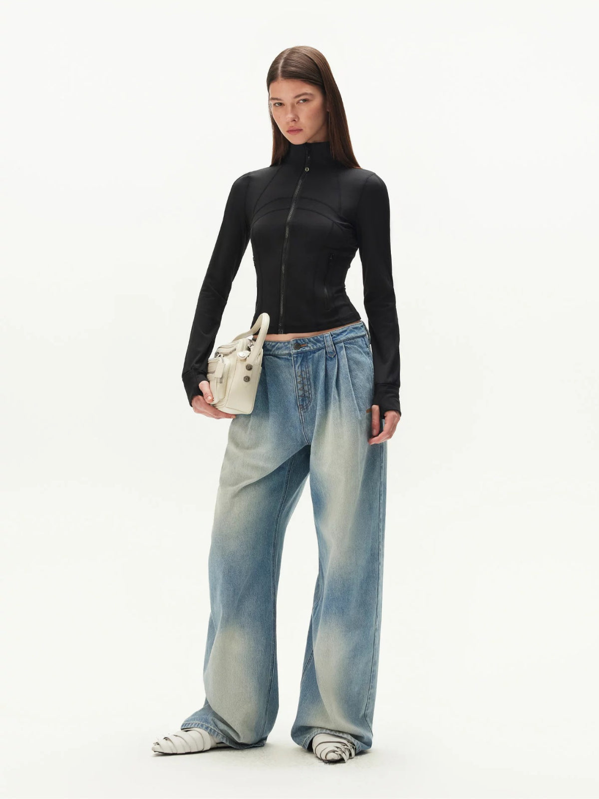 Denim Pleated Wide Leg Pants