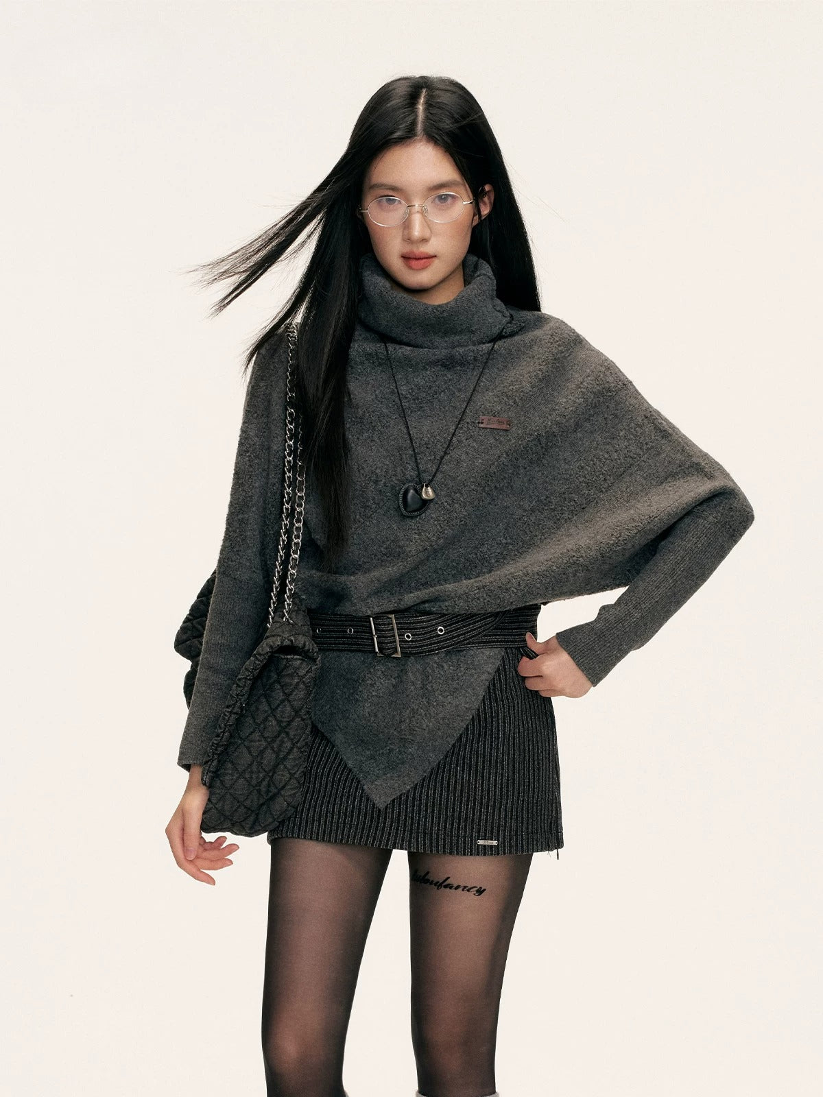 Asymmetric Turtleneck Batwing Sleeve Sweater
